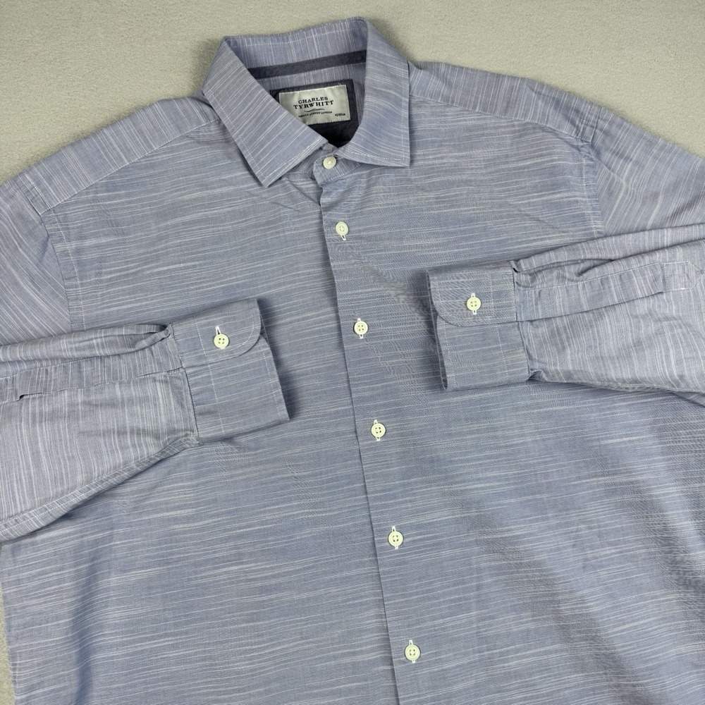 Charles Tyrwhitt Long Sleeve Button Shirt Men 17/35in Blue Cotton Dress Formal